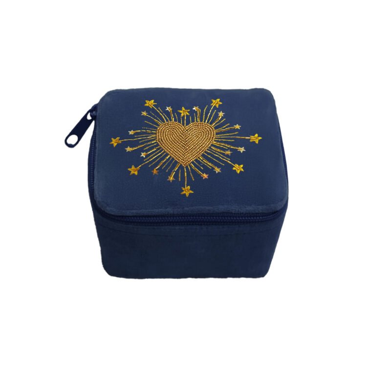 BOX003 Boîte velours brodée Coeur radieux bleu nuit