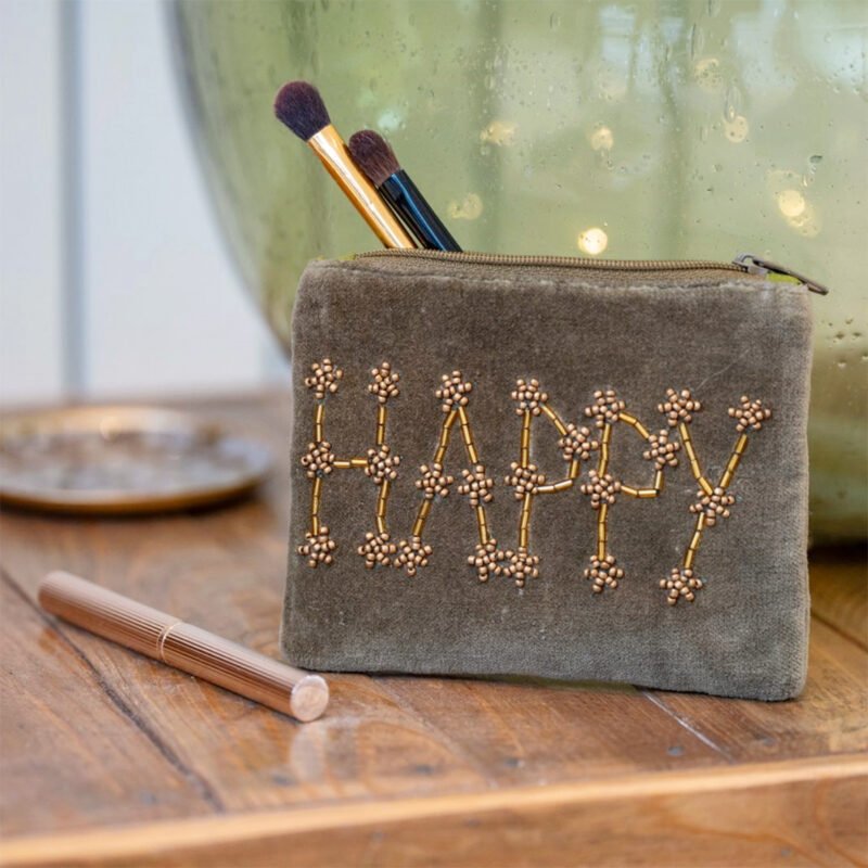POC027-2 Petite pochette velours brodée "HAPPY" kaki