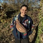 Banane velours côtelé fermeture zip contrastée, doublure imprimée - moka fermeture bleu pétrole