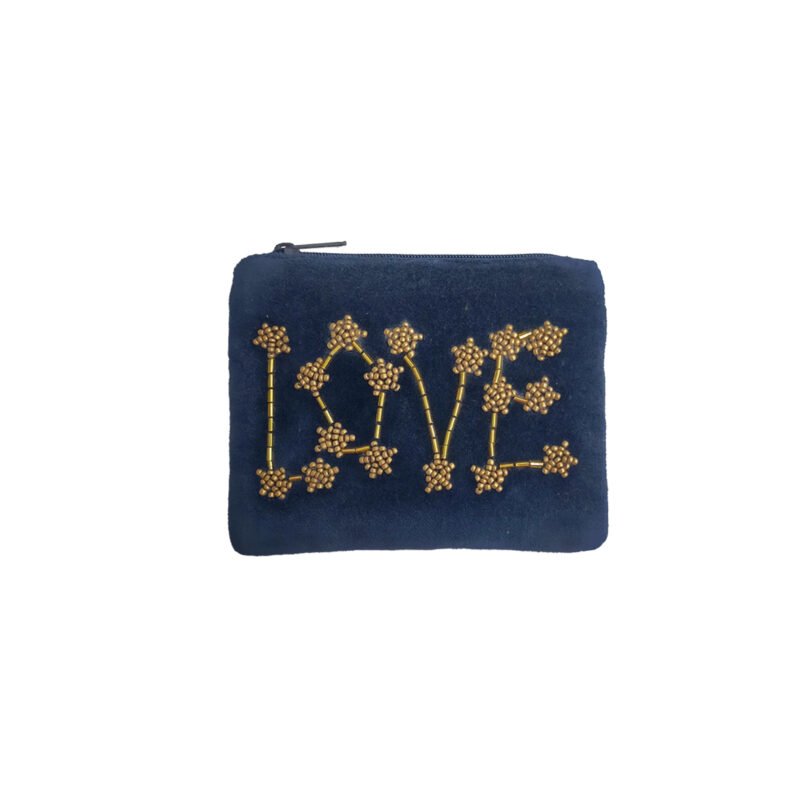 POC125 Petite pochette velours brodée "LOVE" bleu nuit