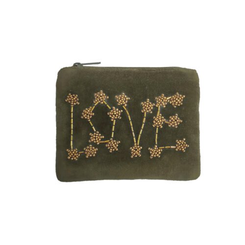 Pochette velours brodée "LOVE" kaki