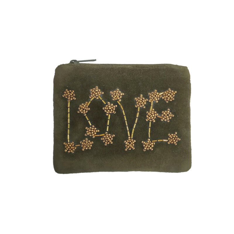 POC126 Pochette velours brodée "LOVE" kaki