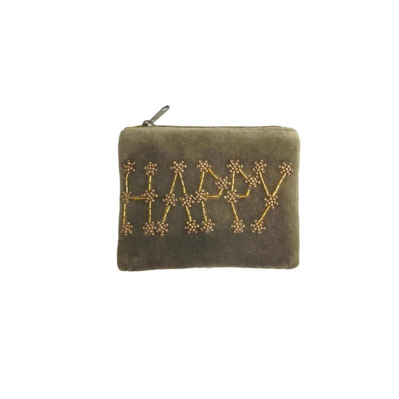 POC127 Petite pochette velours brodée "HAPPY" kaki