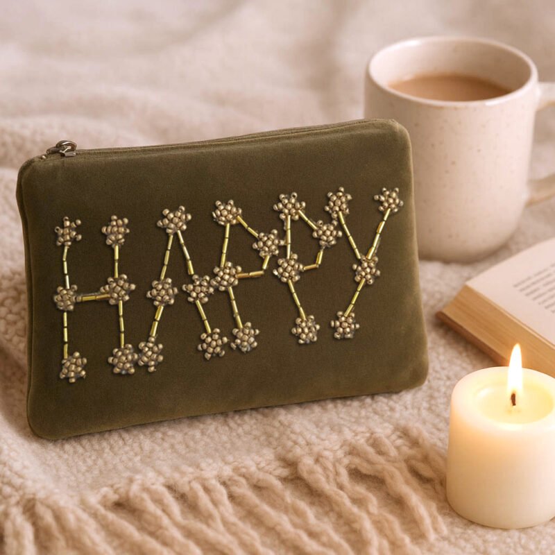 POC127 MD-1 Petite pochette velours brodée "HAPPY" kaki
