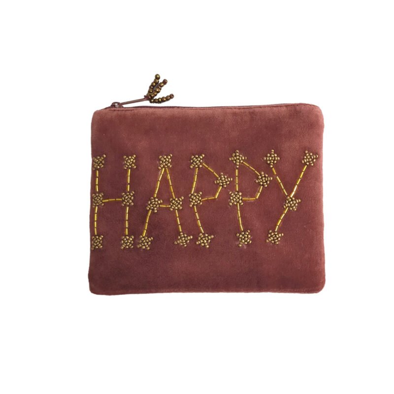 Pochette velours brodée "HAPPY" bois de rose