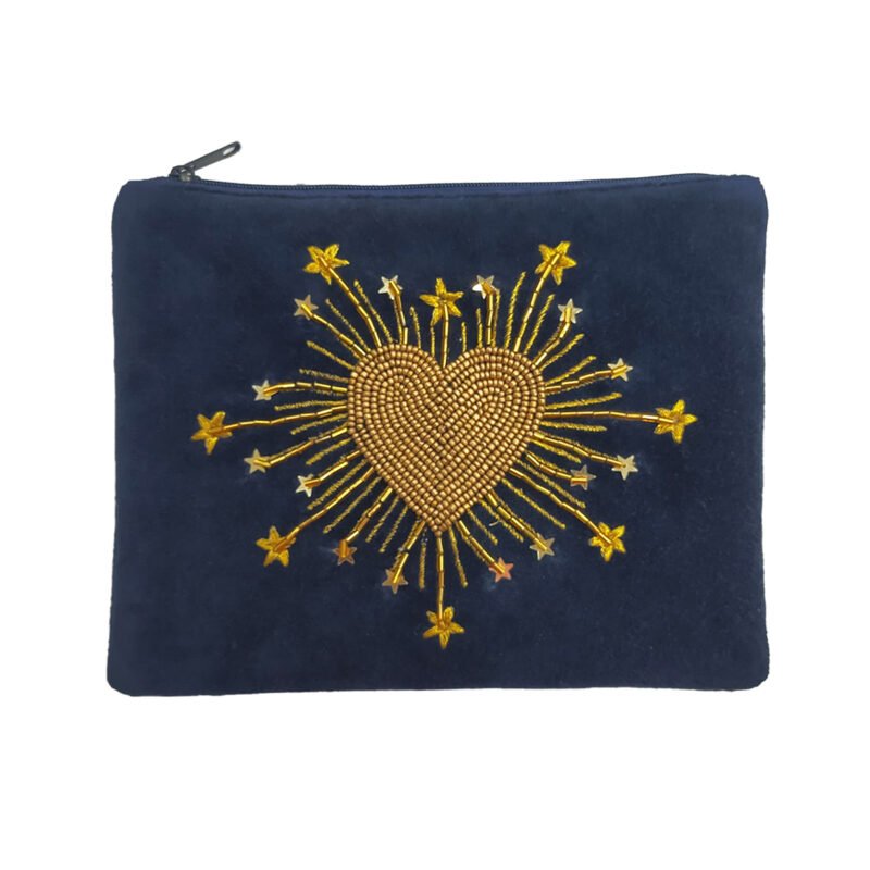 POC129 Pochette velours brodée Coeur radieux bleu nuit