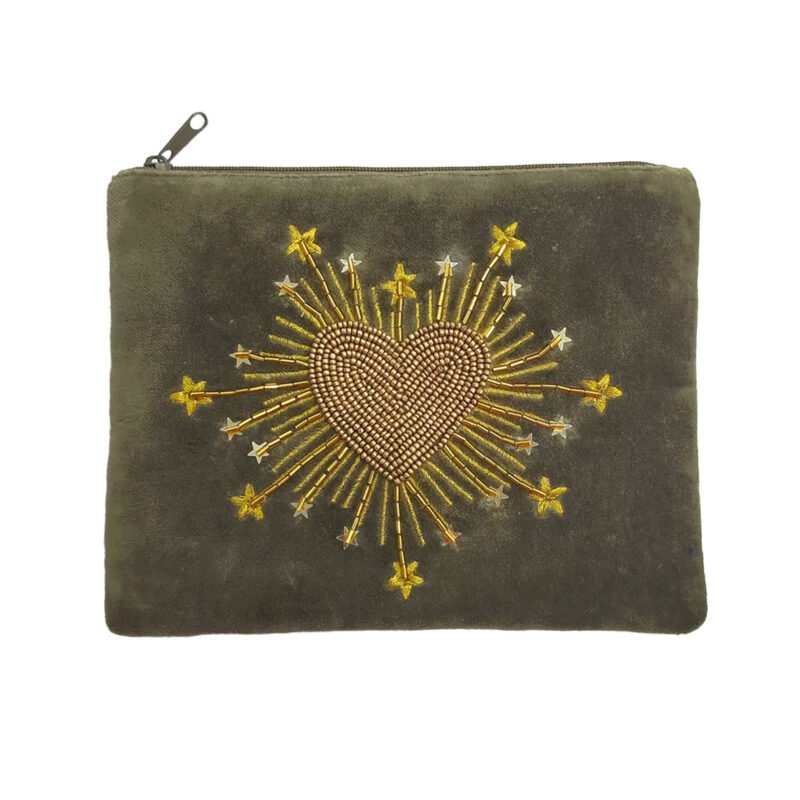 POC130 Pochette velours brodée Coeur radieux kaki