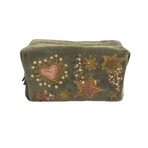 Trousse velours brodée Stars & hearts vert kaki
