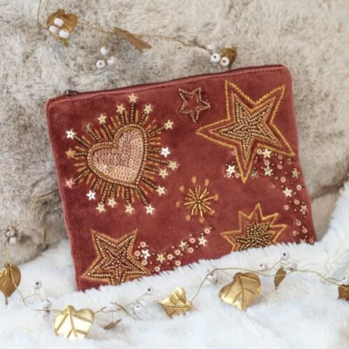 Pochette velours brodée Stars & hearts bois de rose