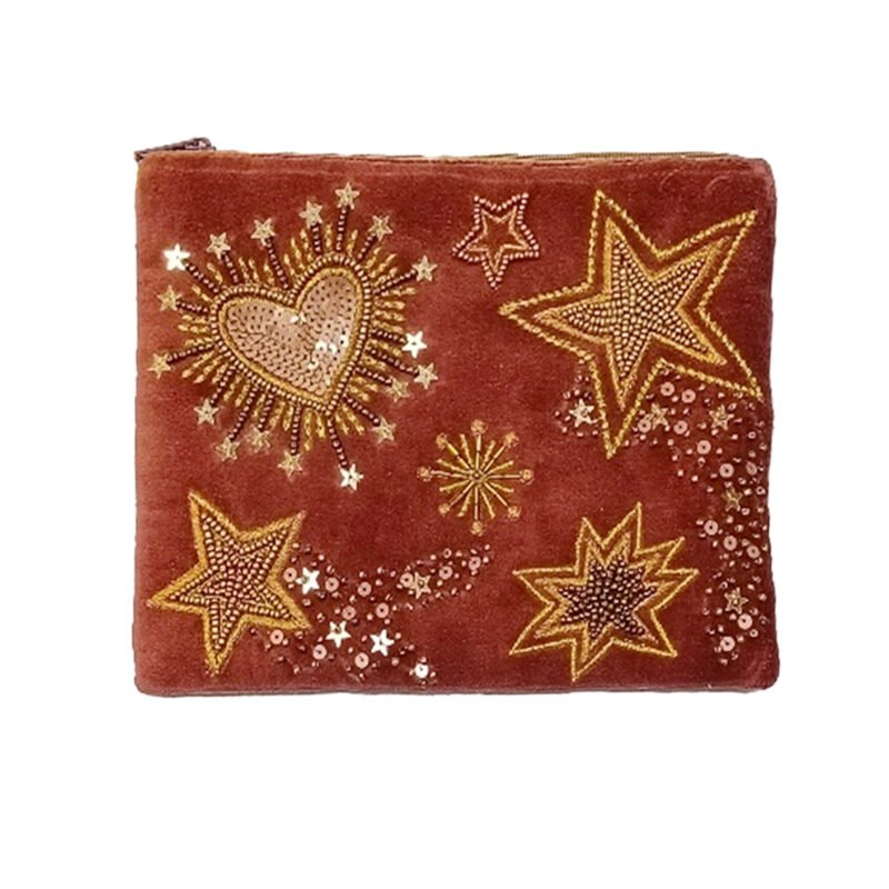 POC135 - Copie Pochette velours brodée Stars & hearts bois de rose