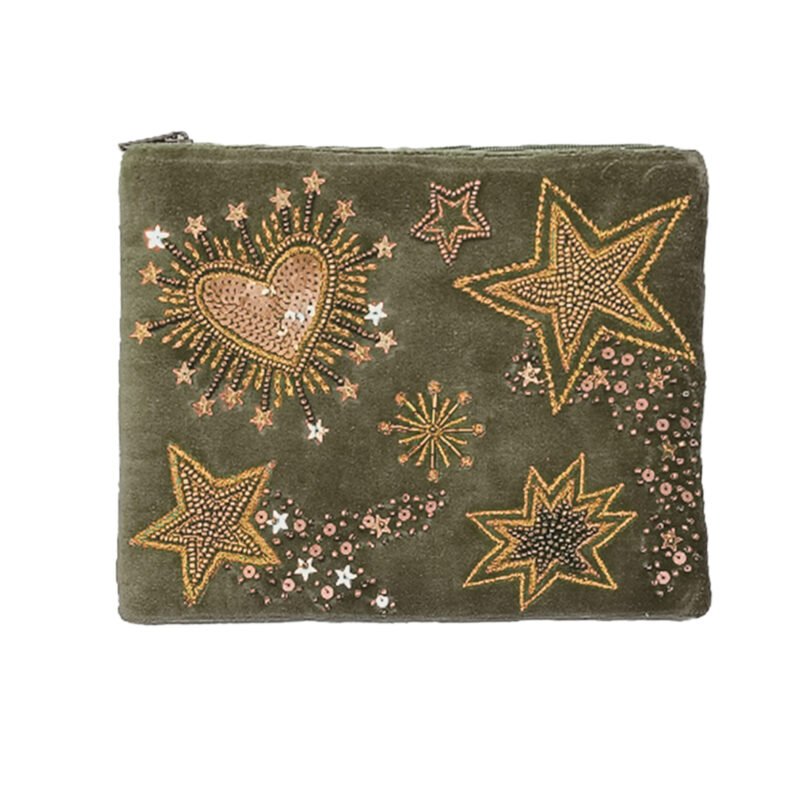 POC136 - Copie Pochette velours brodée Stars & hearts kaki