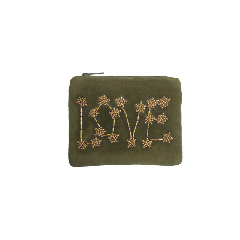 POC137 Petite pochette velours brodée "LOVE" kaki