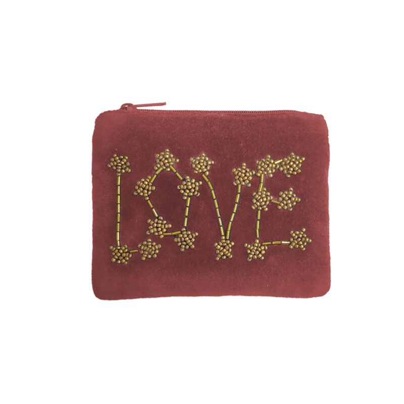 POC138 Pochette velours brodée "LOVE" bois de rose