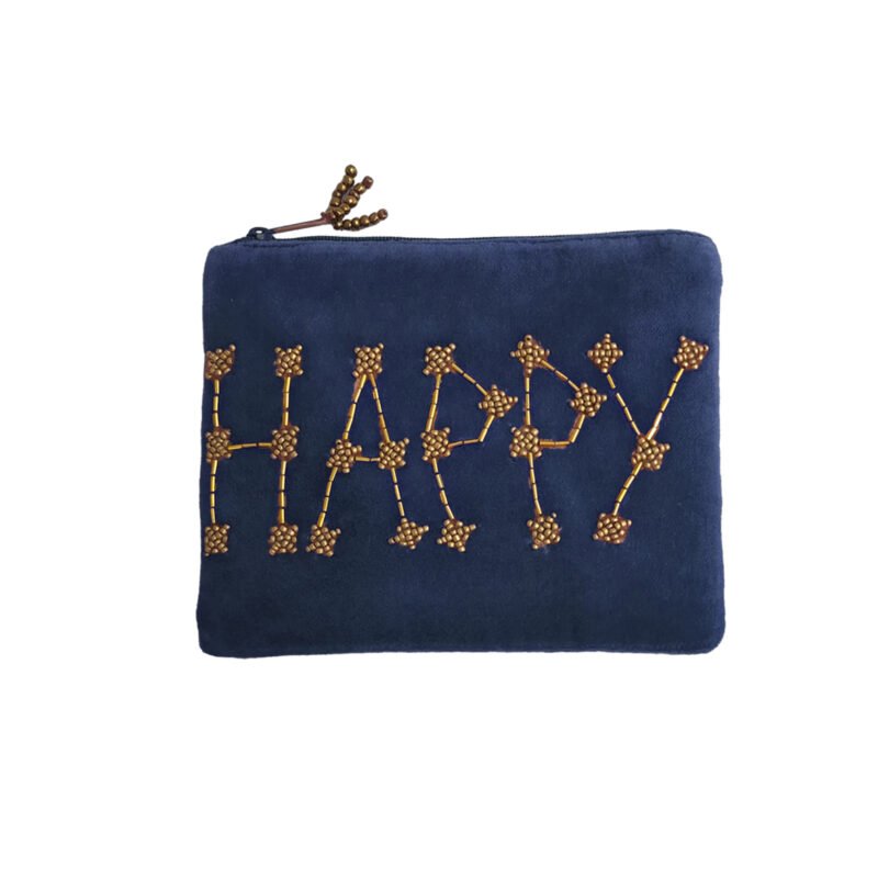 POC139 Pochette velours brodée "HAPPY" bleu nuit