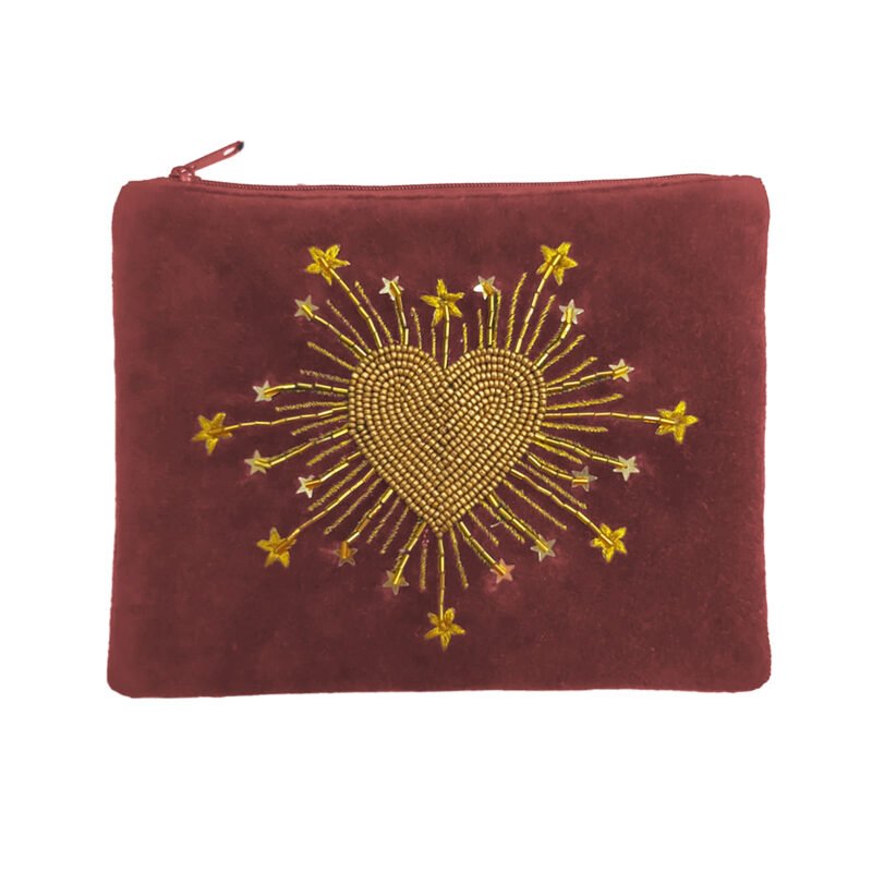 Pochette velours brodée Coeur radieux bois de rose
