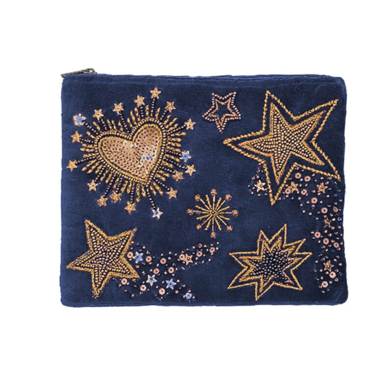 POC141 Pochette velours brodée Stars & hearts bleu nuit