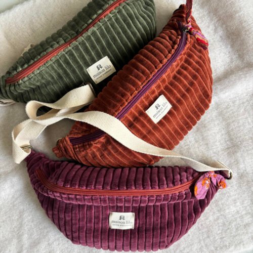 Banane velours côtelé fermeture zip contrastée, doublure imprimée