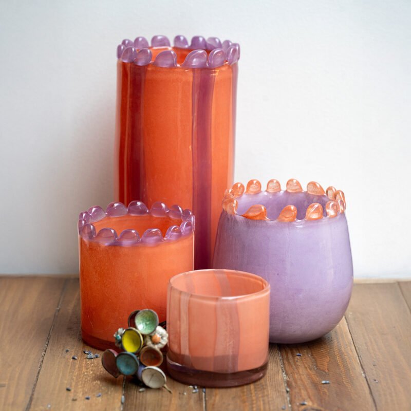 Famille PEACH LILAS Photophore à bord perlé en verre soufflé bouche, peach