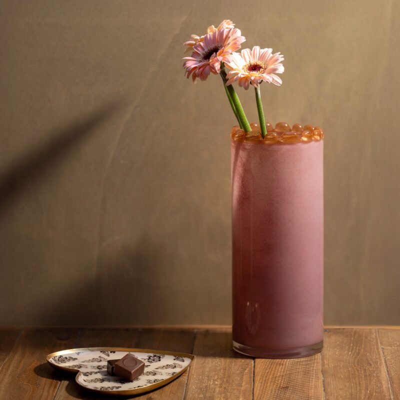 PHP227-2 Vase en verre soufflé bouche rose opaline, bord perlé