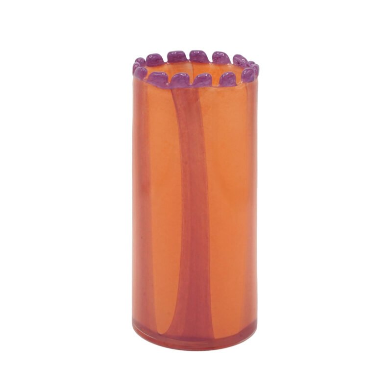 PHP235 Vase en verre soufflé rayé goyave et lilas bord perlé