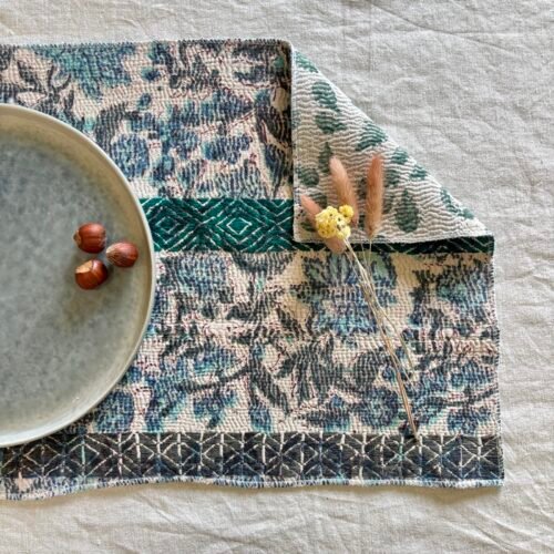 Lot de 4 sets de table en kantha ancien imprimé blockprint, pièces unqiues