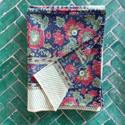 Nappe Chenonceau bleu, coton imprimé blockprint