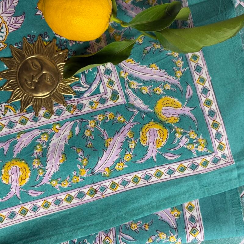 Nappe Versailles vert d'eau, coton imprimé blockprint
