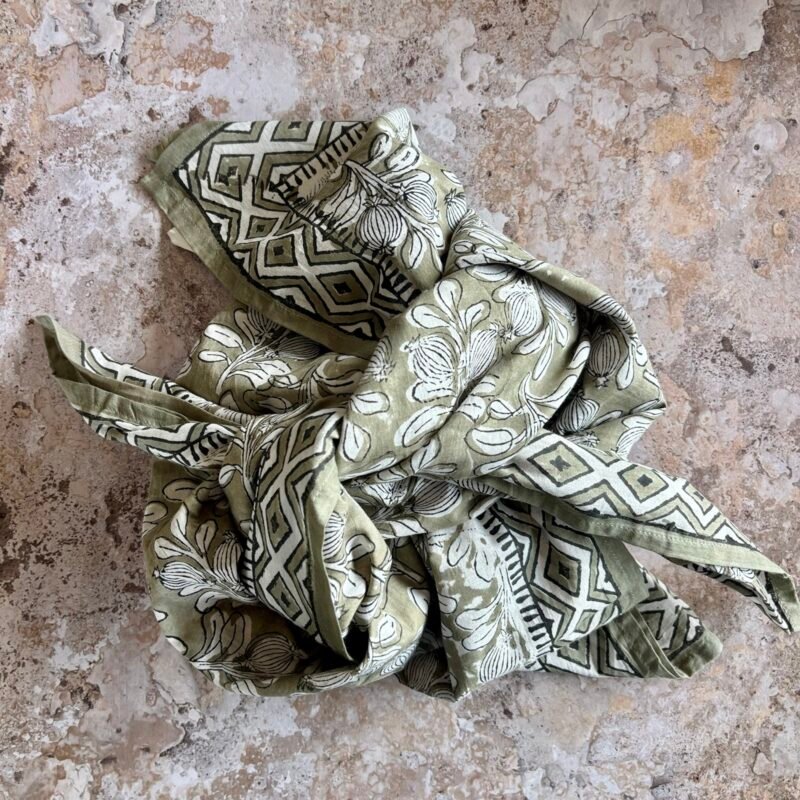 PAR004-6 Grand foulard-paréo Alhambra olive en voile de coton imprimé blockprint